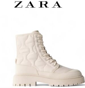 NWT ZARA Military Style Cream Quilted Women's Boots Size:8